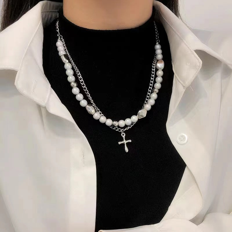 rosary necklace Reflective pearl cross necklace - MERGE.DAY.1.FREESTYLE