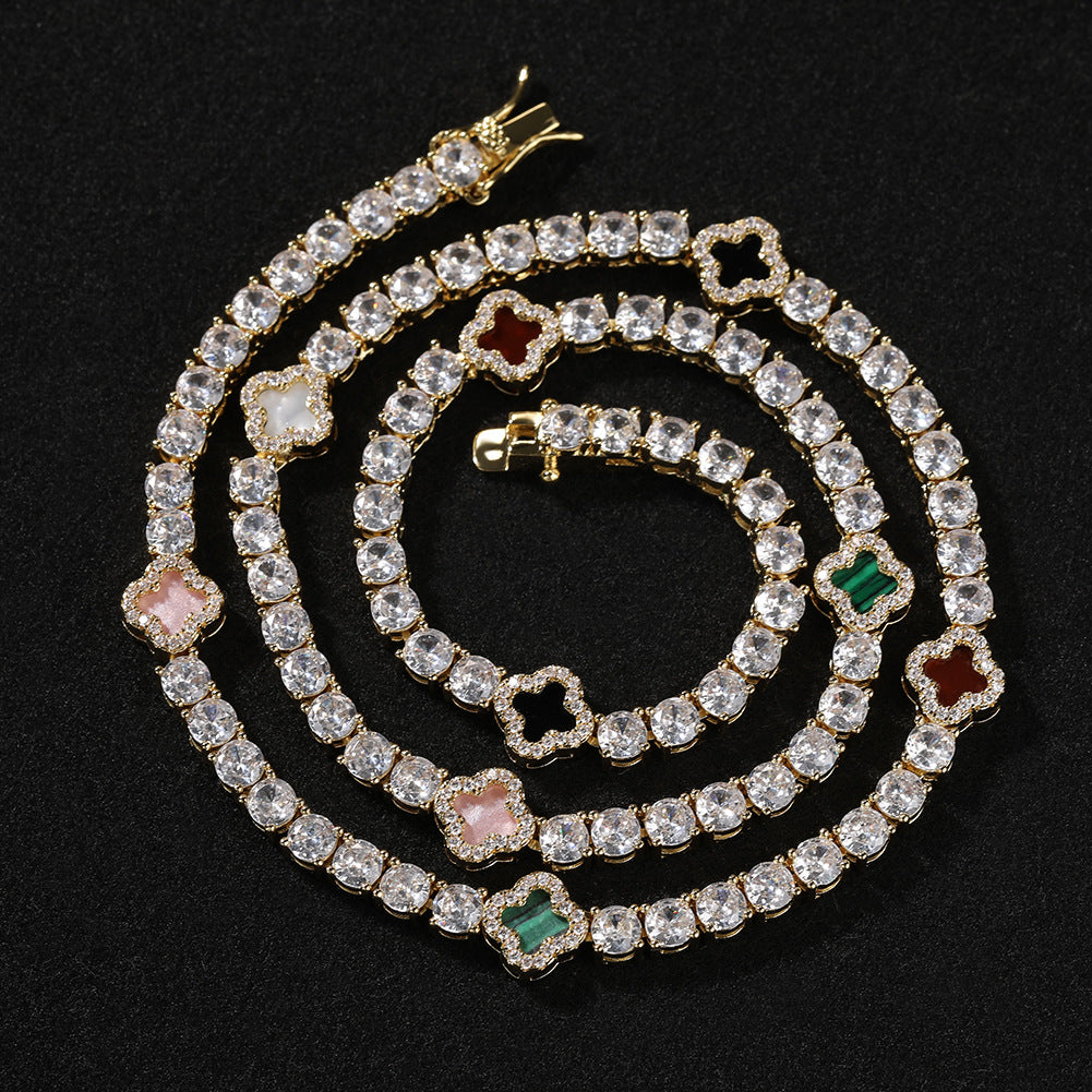 Hip-hop four-leaf clover diamond tennis chain necklace bracelet - MERGE.DAY.1.FREESTYLE