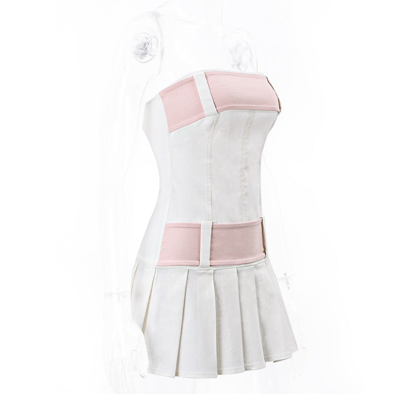one-neck sweet strapless backless zipper contrasting color pleated dress - MERGE.DAY.1.FREESTYLE