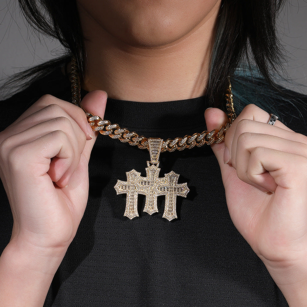 Hip-hop diamond-encrusted zircon three-cross Cuban necklace - MERGE.DAY.1.FREESTYLE