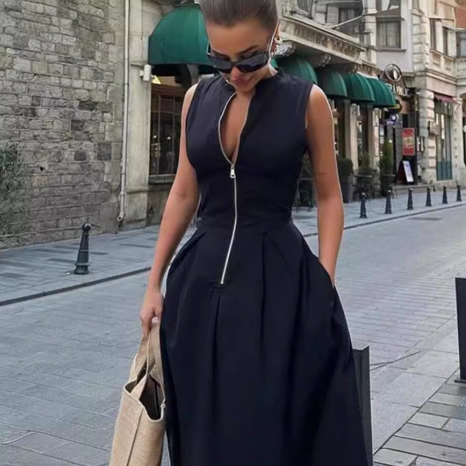 Sleeveless V-neck zipper neck long dress - MERGE.DAY.1.FREESTYLE