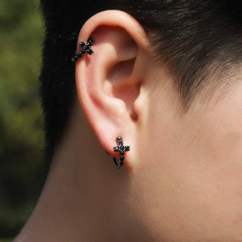 Hip Hop Zircon Black Spiral Clasp Cross Earrings - MERGE.DAY.1.FREESTYLE