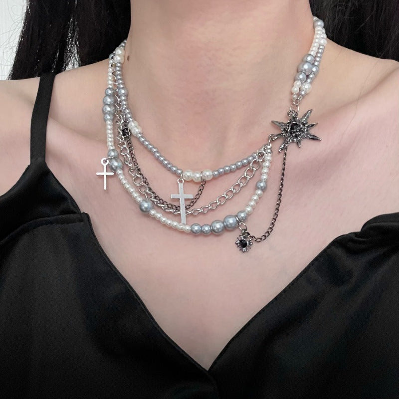 Cross star-shaped pearl multi-layered necklace - MERGE.DAY.1.FREESTYLE