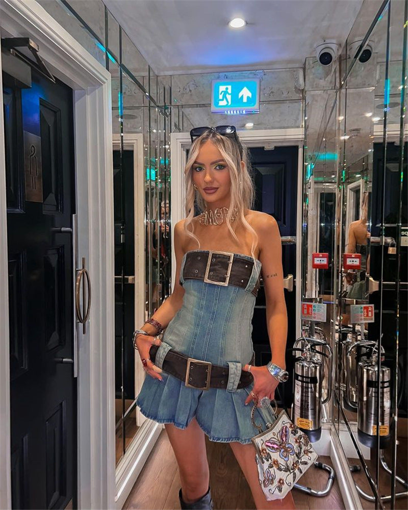 2023 summer detachable belt denim pleated bandeau denim dress - MERGE.DAY.1.FREESTYLE