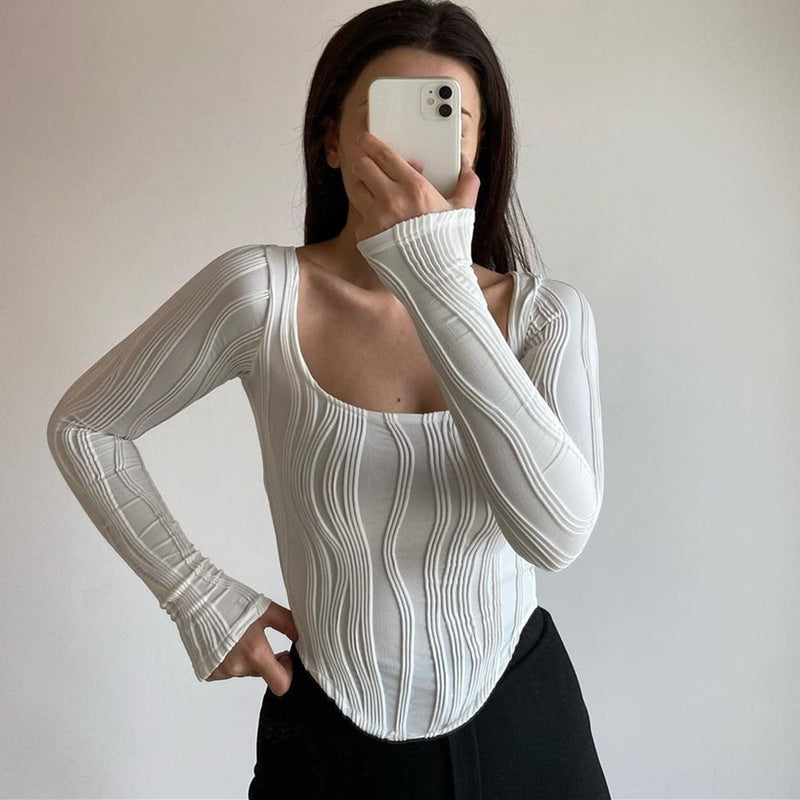 Autumn & Winter long-sleeved U-neck water ripple slim fit top T-shirt - MERGE.DAY.1.FREESTYLE