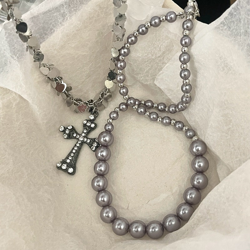 rosary necklace Gray pearl cross necklace - MERGE.DAY.1.FREESTYLE
