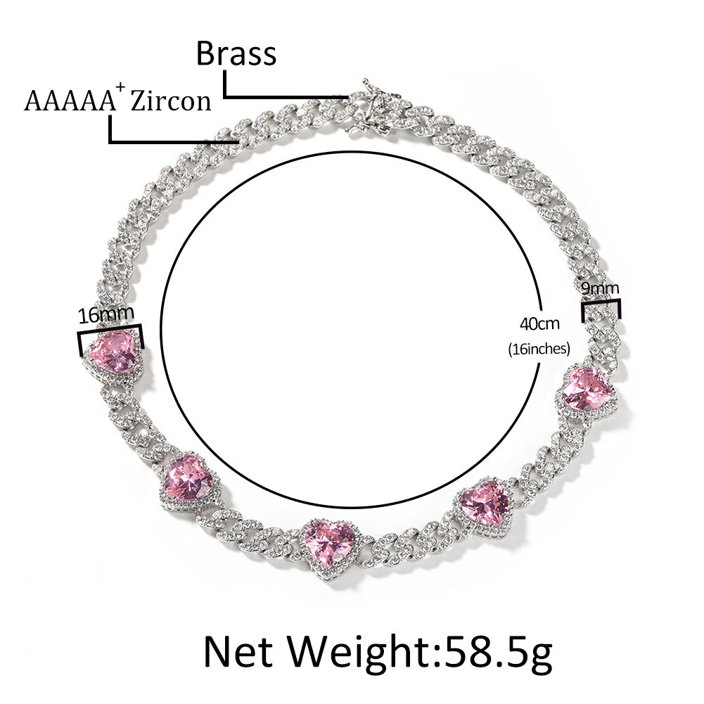 Heart Diamond Necklace Hip Hop 9MM Pink Zircon Cuban Chain - MERGE.DAY.1.FREESTYLE