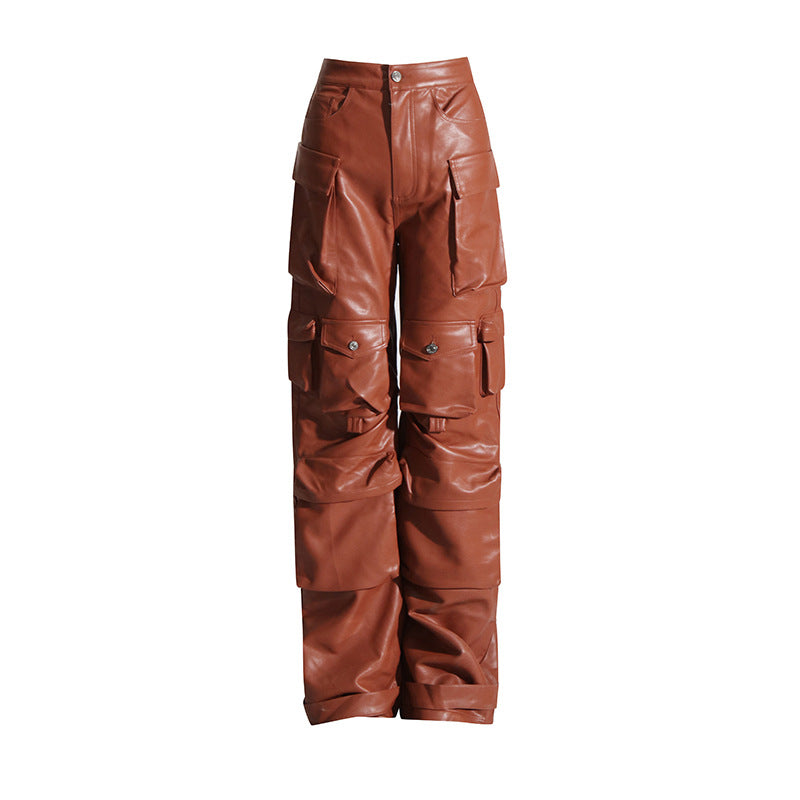 Multi-pocket overalls leather pants personality loose overalls - MERGE.DAY.1.FREESTYLE
