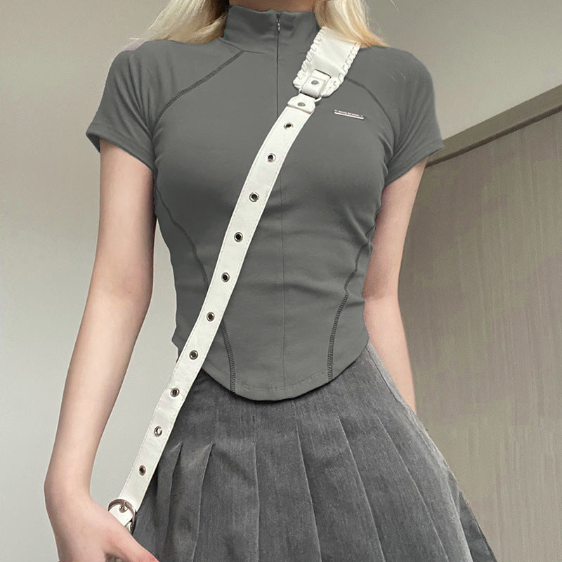 Invisible Zipper Stand Collar Short Sleeve Top Slim Fit Bottom T-Shirt - MERGE.DAY.1.FREESTYLE