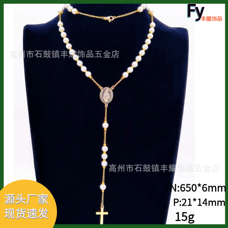 rosary necklace 6mm cross necklace - MERGE.DAY.1.FREESTYLE