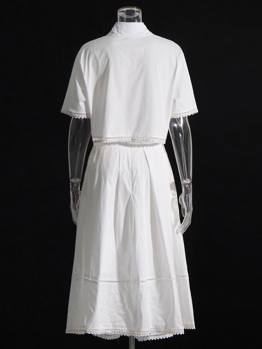 Lapel short-sleeved shirt + skirt lace embroidery two-piece suit for women - MERGE.DAY.1.FREESTYLE