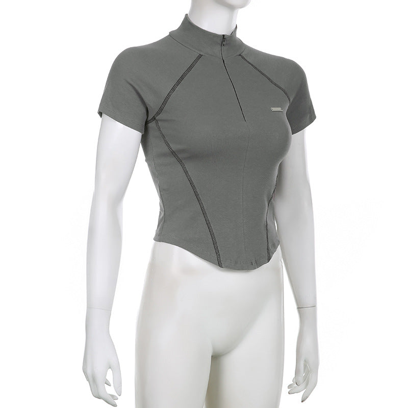 Invisible Zipper Stand Collar Short Sleeve Top Slim Fit Bottom T-Shirt - MERGE.DAY.1.FREESTYLE
