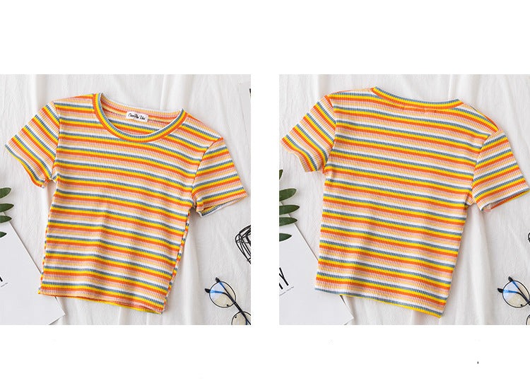 Women's short navel-baring rainbow striped tight T-shirt - MERGE.DAY.1.FREESTYLE