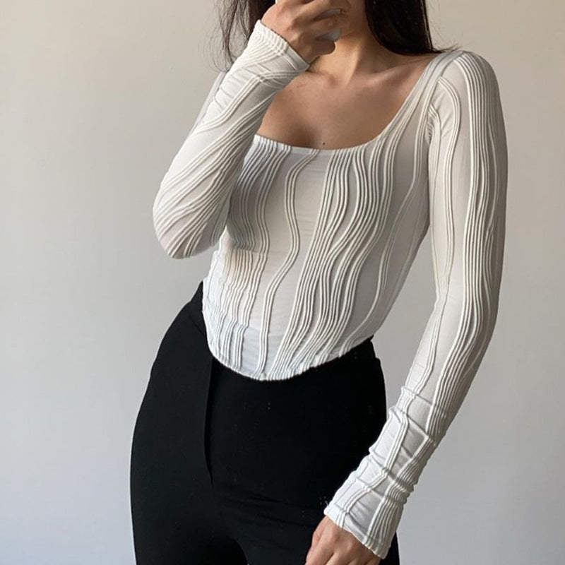 Autumn & Winter long-sleeved U-neck water ripple slim fit top T-shirt - MERGE.DAY.1.FREESTYLE