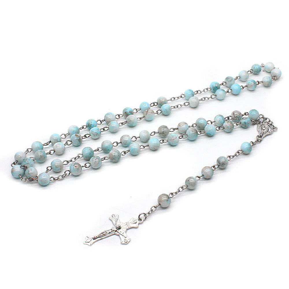 Zebra Blue Rosary Necklace Cross Necklace - MERGE.DAY.1.FREESTYLE