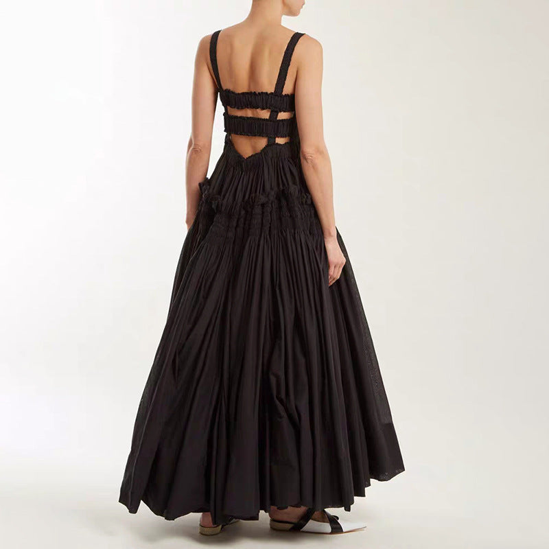 Pleated suspender long solid color full skirt dress - MERGE.DAY.1.FREESTYLE