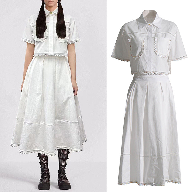 Lapel short-sleeved shirt + skirt lace embroidery two-piece suit for women - MERGE.DAY.1.FREESTYLE