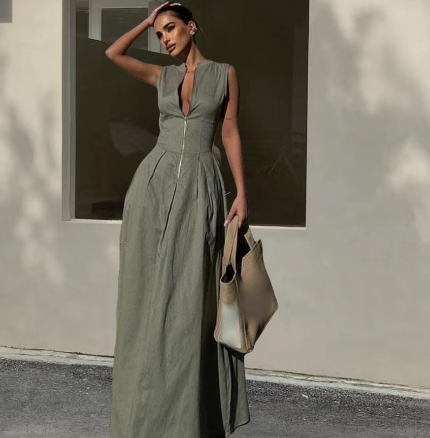 Sleeveless V-neck zipper neck long dress - MERGE.DAY.1.FREESTYLE