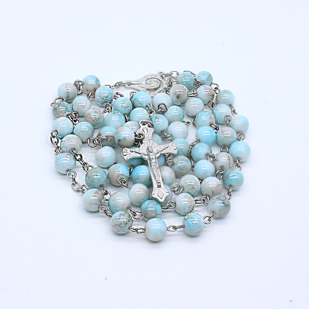 Zebra Blue Rosary Necklace Cross Necklace - MERGE.DAY.1.FREESTYLE