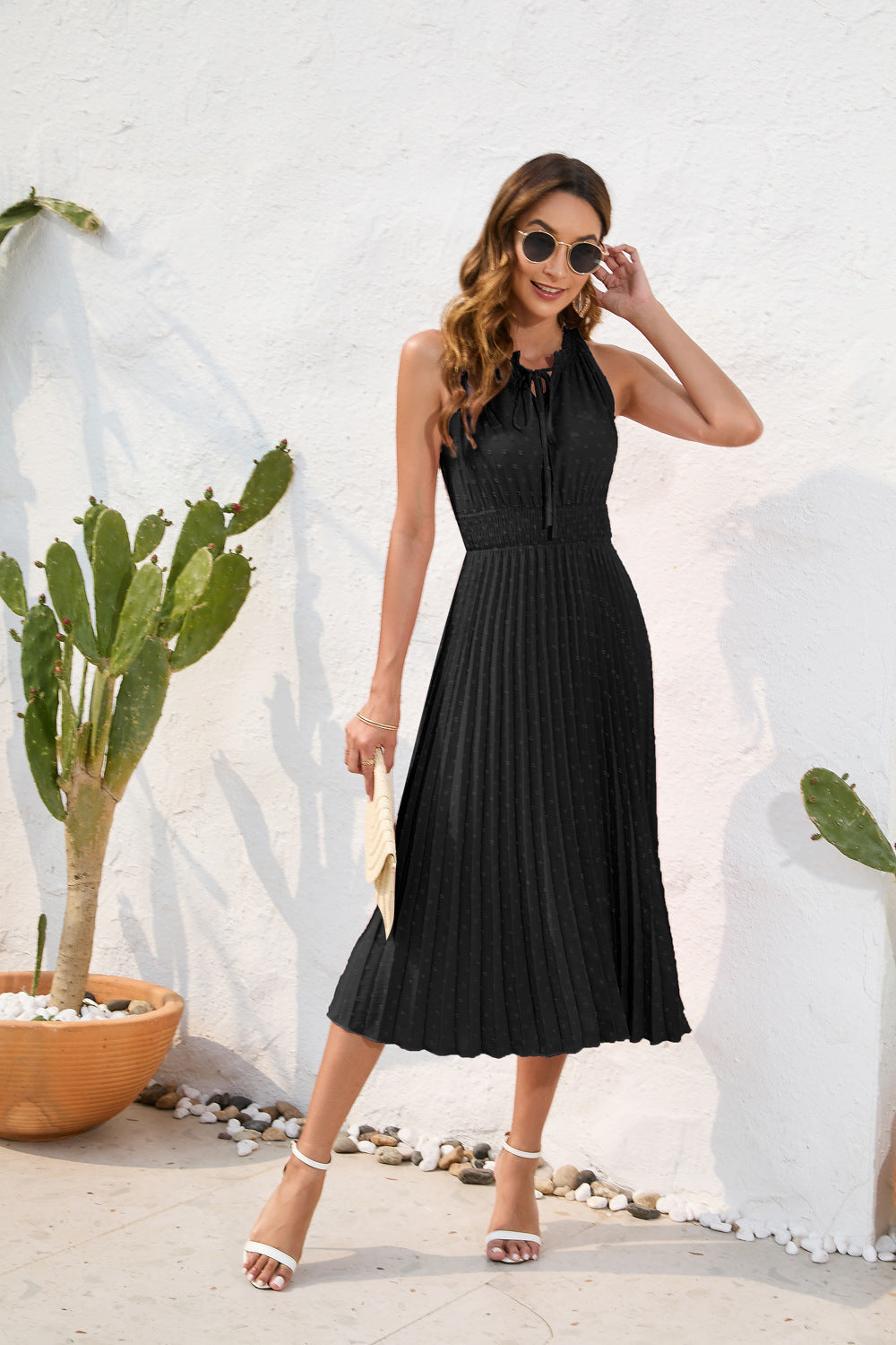 Tie High Waist Pleated Pom Dress Sleeveless Summer Dress - MERGE.DAY.1.FREESTYLE