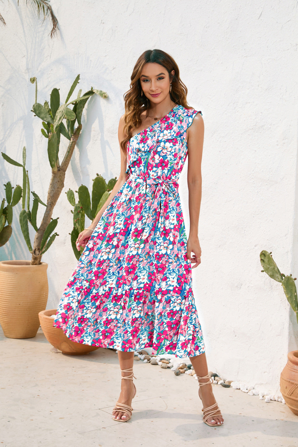 Slanted Shoulder Strap Floral Print Dress Casual Holiday Swing Dress - MERGE.DAY.1.FREESTYLE