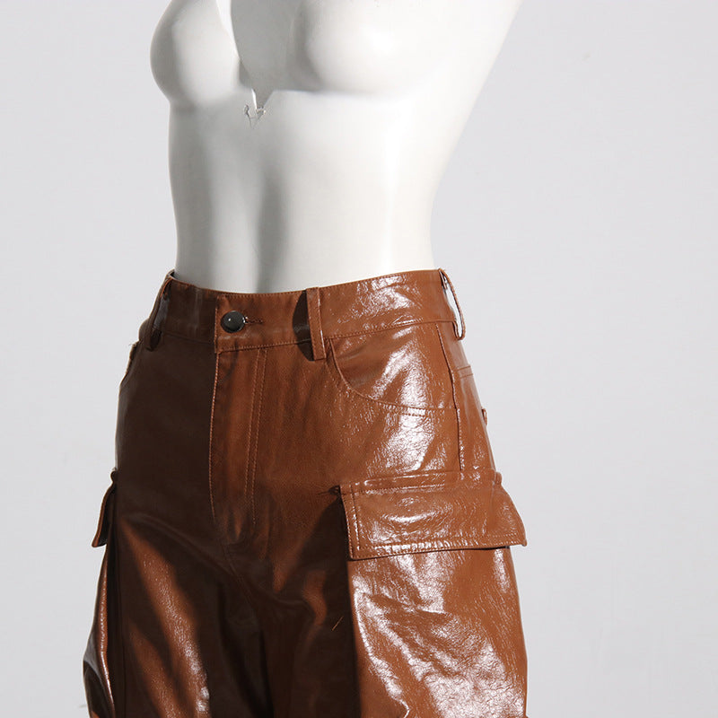 Multi-pocket overalls leather pants personality loose overalls - MERGE.DAY.1.FREESTYLE
