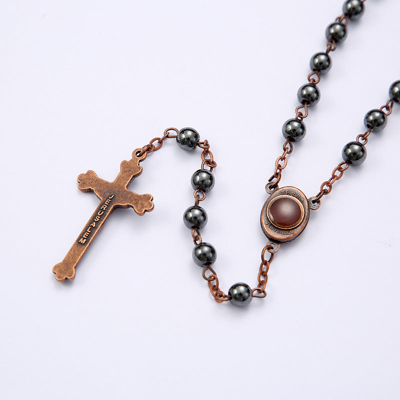 Black gallstone round bead rosary necklace - MERGE.DAY.1.FREESTYLE