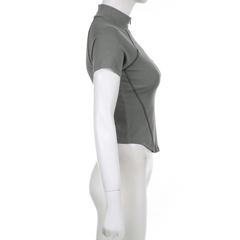 Invisible Zipper Stand Collar Short Sleeve Top Slim Fit Bottom T-Shirt - MERGE.DAY.1.FREESTYLE