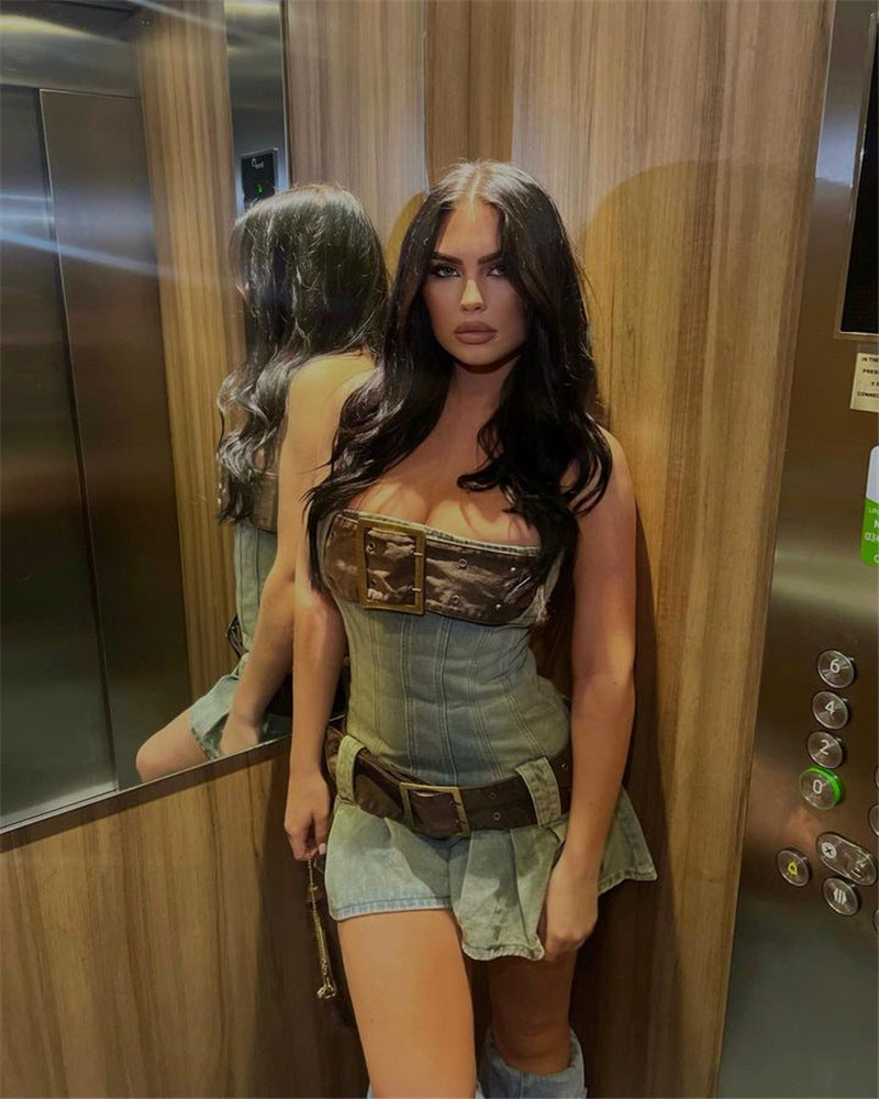 2023 summer detachable belt denim pleated bandeau denim dress - MERGE.DAY.1.FREESTYLE