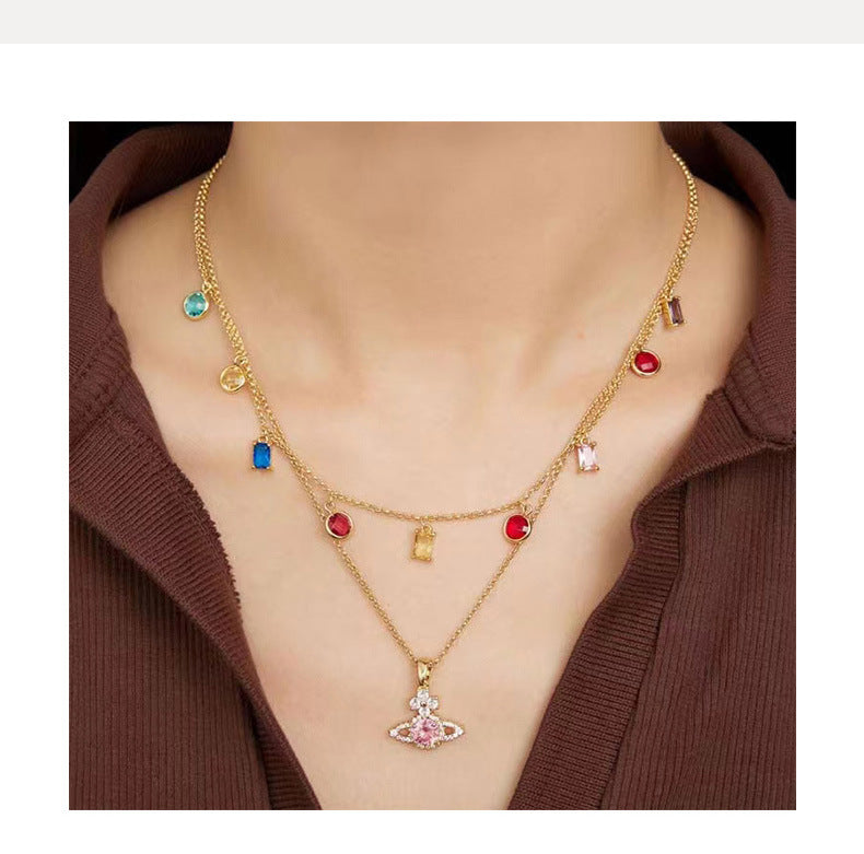 Saturn Pendant Necklace Double Gemstone Inlaid Necklace - MERGE.DAY.1.FREESTYLE