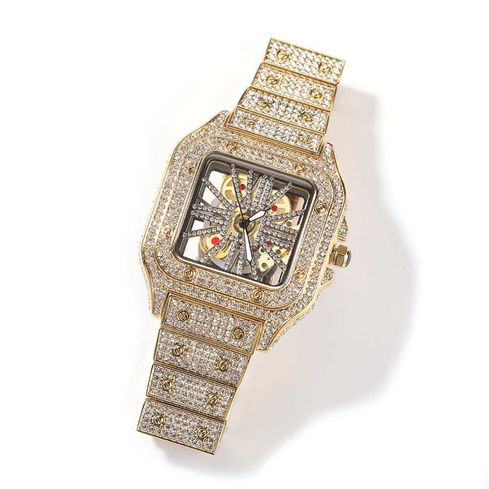 Hip-hop diamond-encrusted hollowed-out square watch - MERGE.DAY.1.FREESTYLE