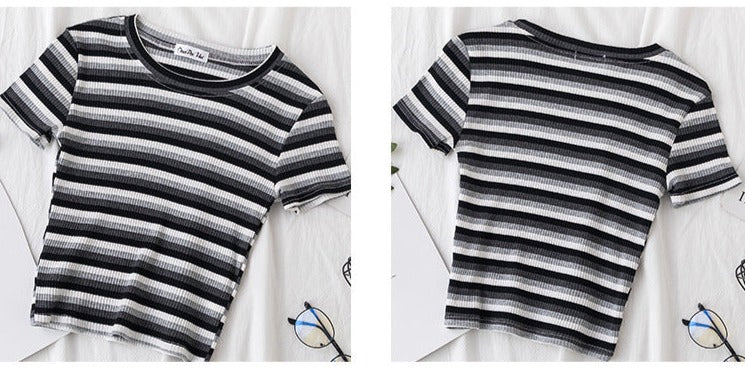 Women's short navel-baring rainbow striped tight T-shirt - MERGE.DAY.1.FREESTYLE