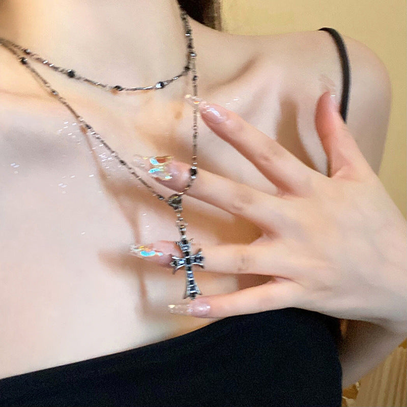 Dark zircon cross beaded necklace double layer neck chain - MERGE.DAY.1.FREESTYLE