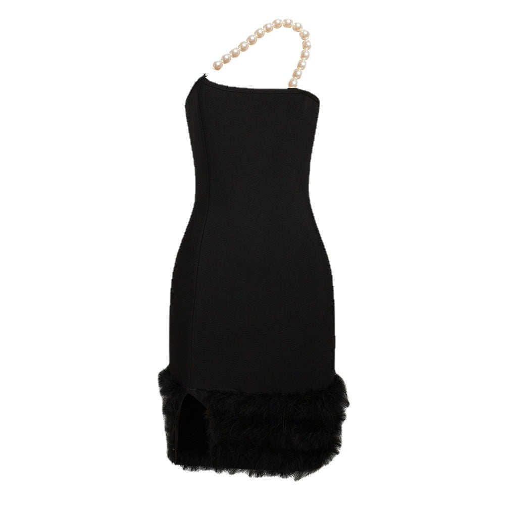 Sexy Tube Top Pearl One Shoulder Feather Decoration Cover Hip Bandage Dress - MERGE.DAY.1.FREESTYLE