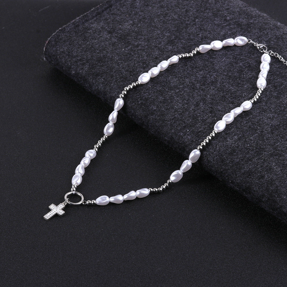 round pearl titanium steel cross necklace - MERGE.DAY.1.FREESTYLE