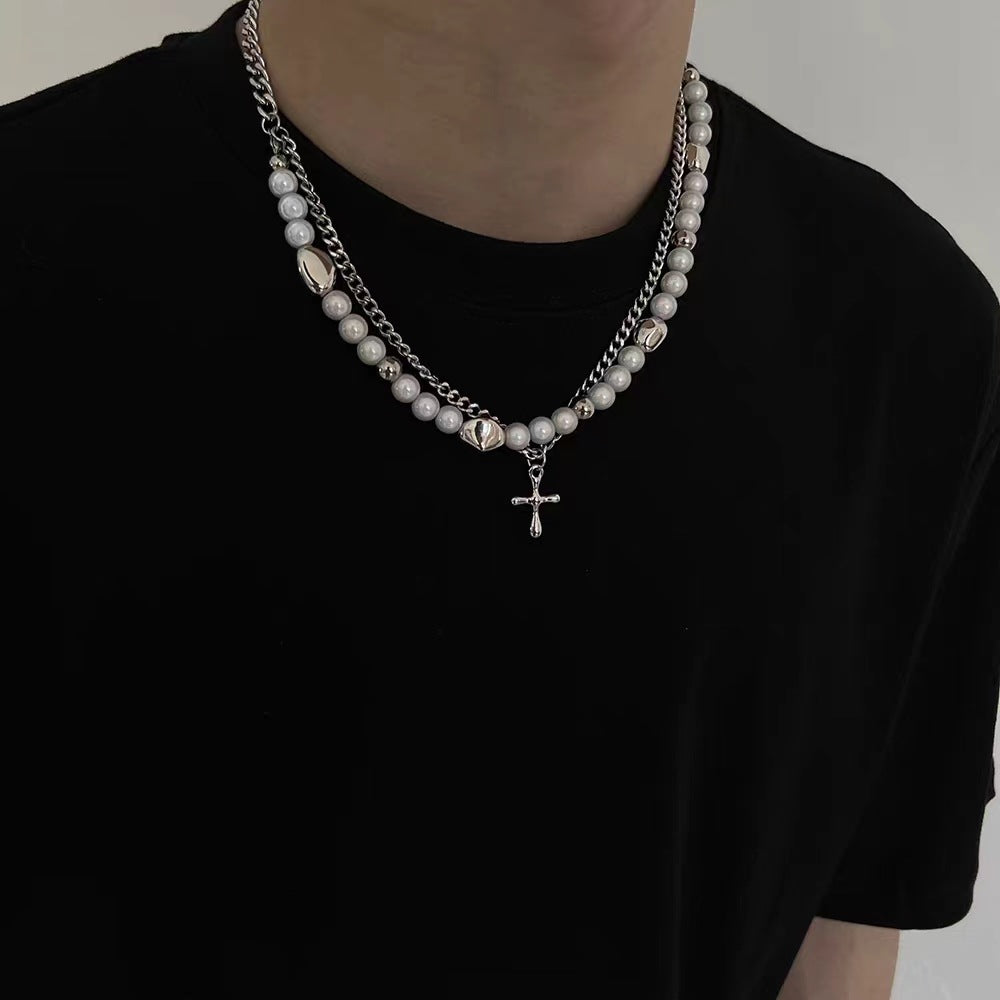 rosary necklace Reflective pearl cross necklace - MERGE.DAY.1.FREESTYLE