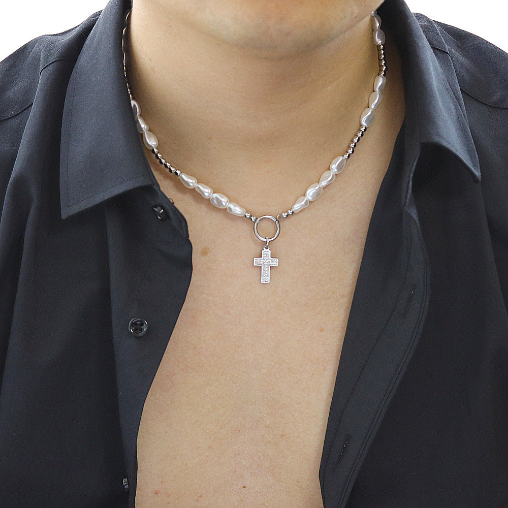 round pearl titanium steel cross necklace - MERGE.DAY.1.FREESTYLE