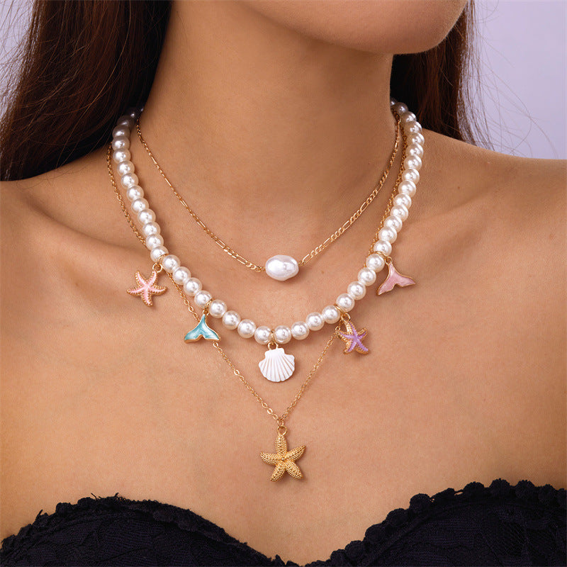 starfish necklace pearl multi-layer stacking necklace - MERGE.DAY.1.FREESTYLE