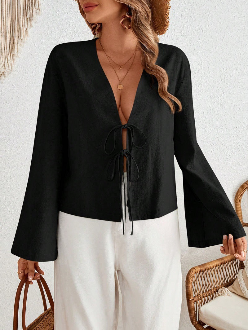 Cotton Linen Lace Up Bow Shirts Women Loose Hollow Out V Neck Long Sleeve Tops - MERGE.DAY.1.FREESTYLE