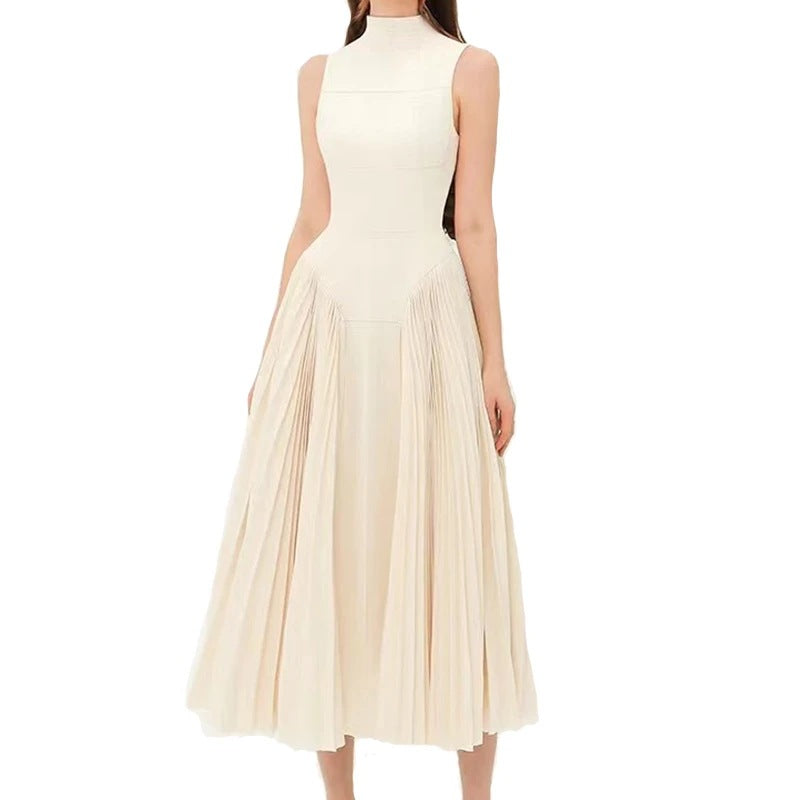 Pleated round neck sleeveless A dress with waist slimming long skirt - MERGE.DAY.1.FREESTYLE