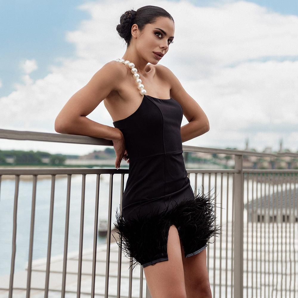 Sexy Tube Top Pearl One Shoulder Feather Decoration Cover Hip Bandage Dress - MERGE.DAY.1.FREESTYLE