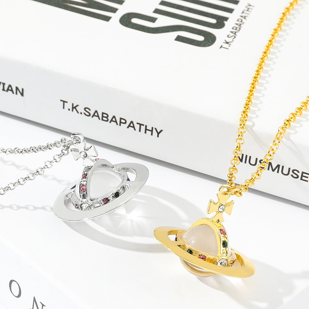 Saturn necklace, teardrop colored diamond earrings, Saturn earrings - MERGE.DAY.1.FREESTYLE