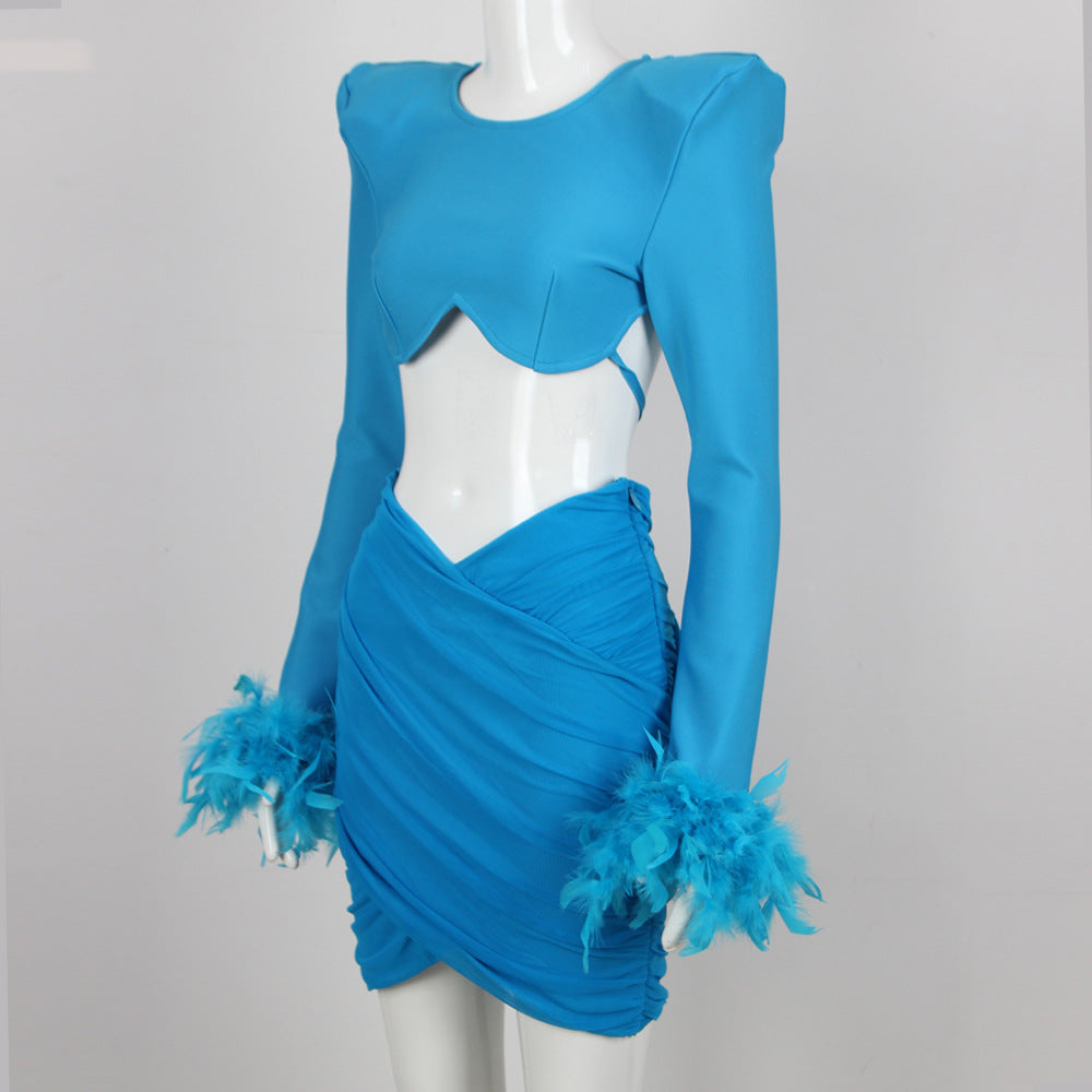 Commuting temperament feather long-sleeved dress French dress - MERGE.DAY.1.FREESTYLE