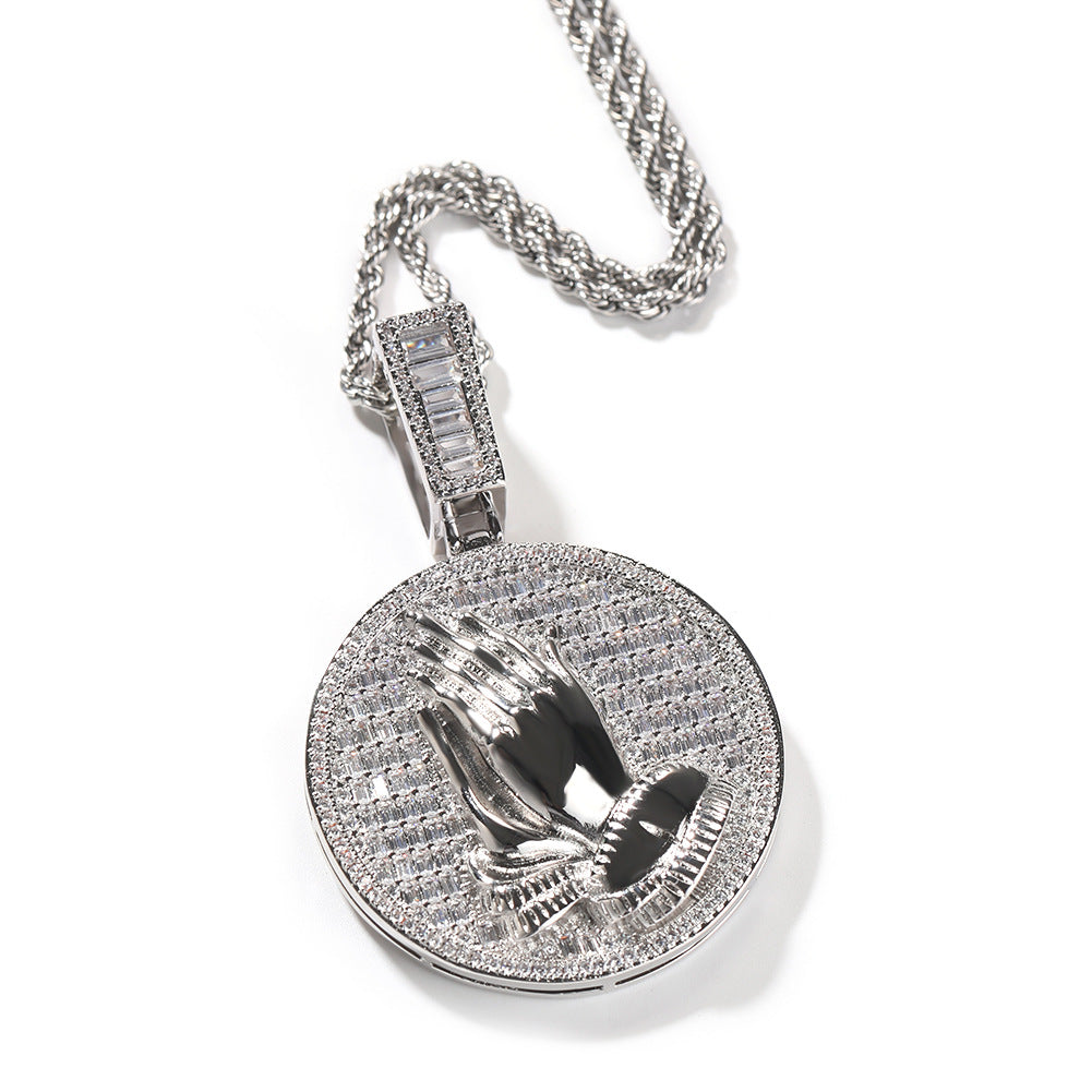 Hip-hop round disc zircon-encrusted praying hands pendant - MERGE.DAY.1.FREESTYLE