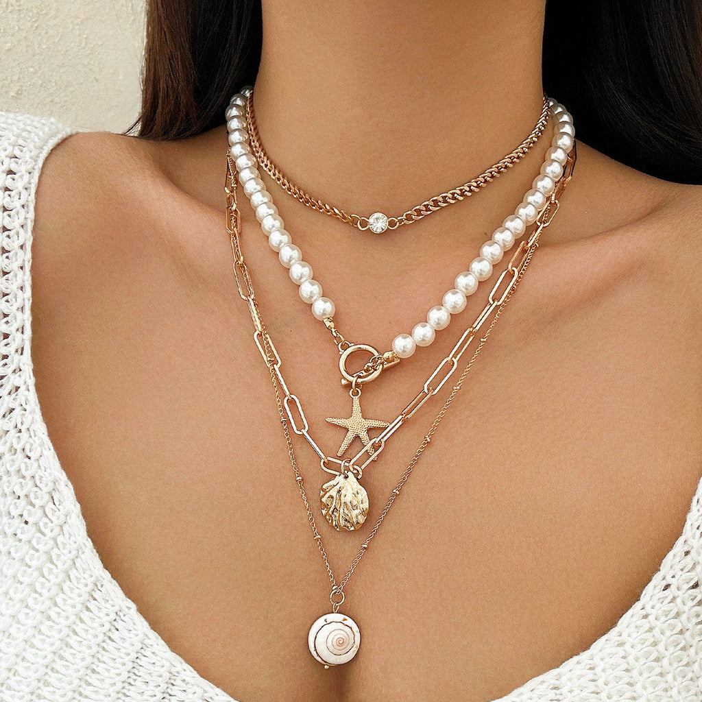 starfish necklace shell conch tassel multi-layer necklace - MERGE.DAY.1.FREESTYLE