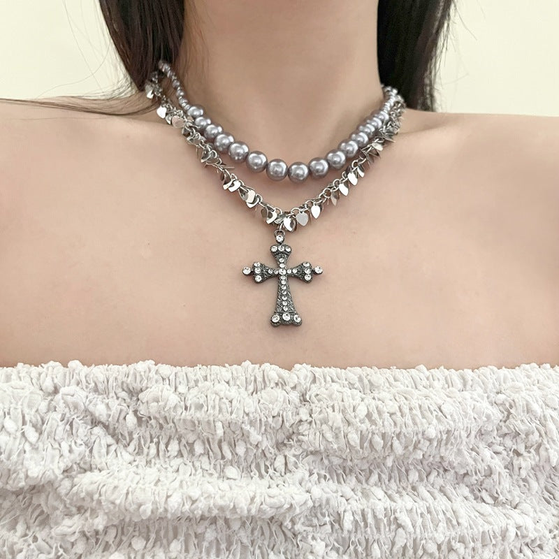 rosary necklace Gray pearl cross necklace - MERGE.DAY.1.FREESTYLE