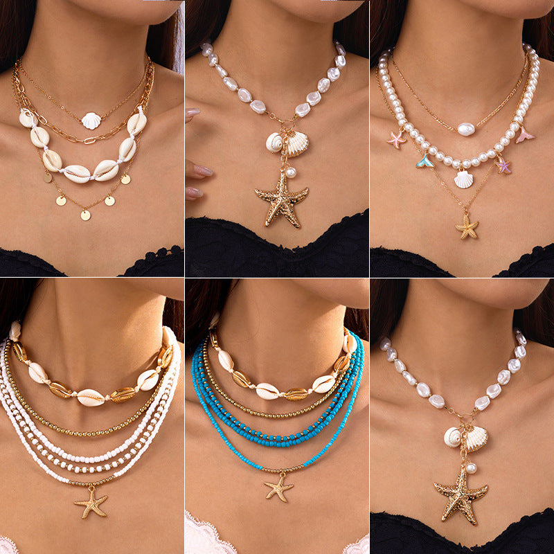 starfish necklace pearl multi-layer stacking necklace - MERGE.DAY.1.FREESTYLE