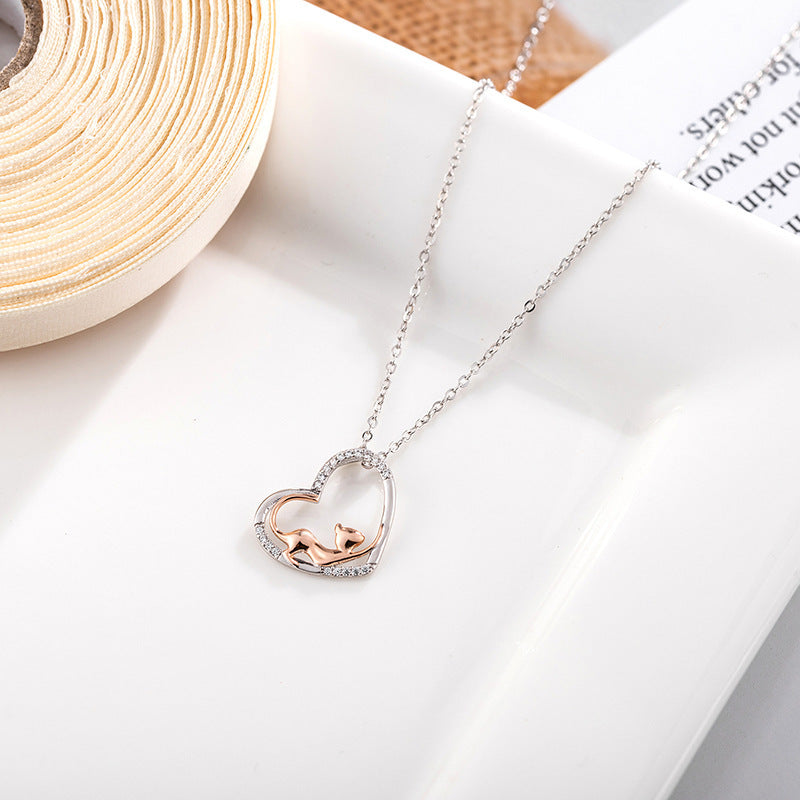 Sterling Silver Accessories Heart Shaped Cat Pendant Diamond Silver Necklace Women - MERGE.DAY.1.FREESTYLE