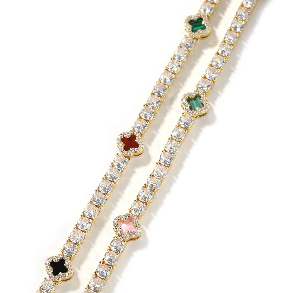 Hip-hop four-leaf clover diamond tennis chain necklace bracelet - MERGE.DAY.1.FREESTYLE