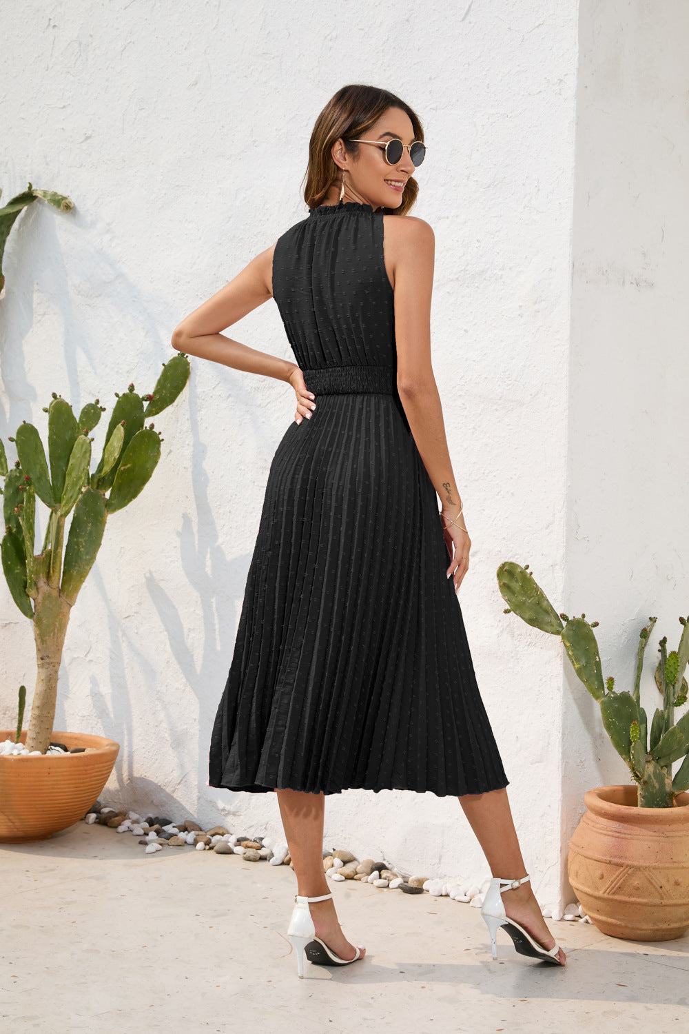 Tie High Waist Pleated Pom Dress Sleeveless Summer Dress - MERGE.DAY.1.FREESTYLE